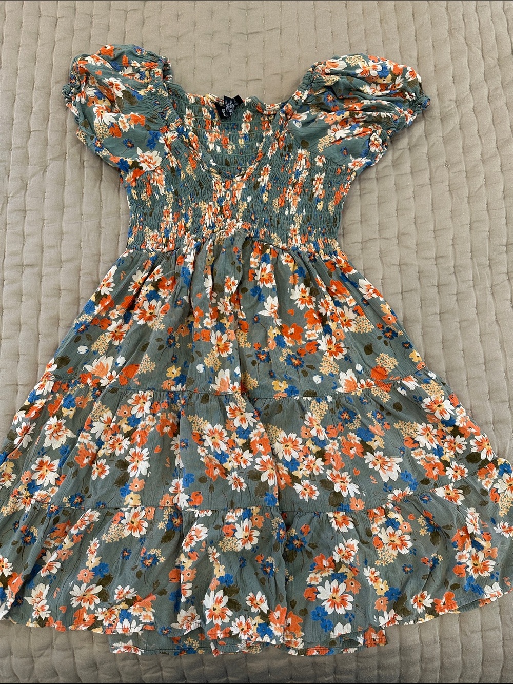 Angie Olive Green Floral Dress with Orange and White Accents